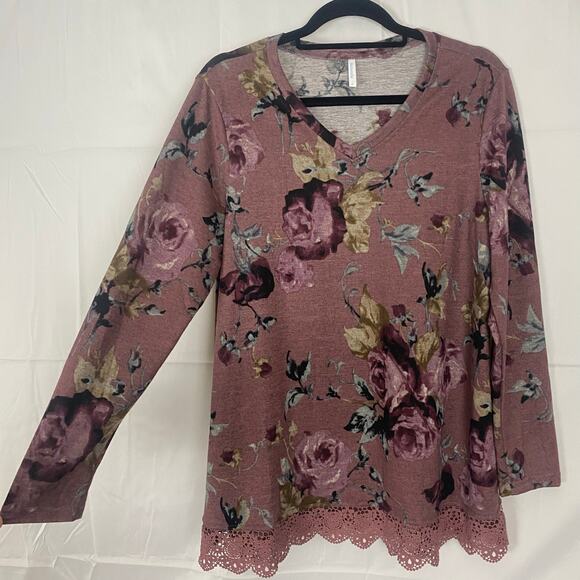 Pink Floral Lace Hem Long Sleeve Blouse Netsmile Women’s Size L Stretch Preowned - Picture 1 of 9